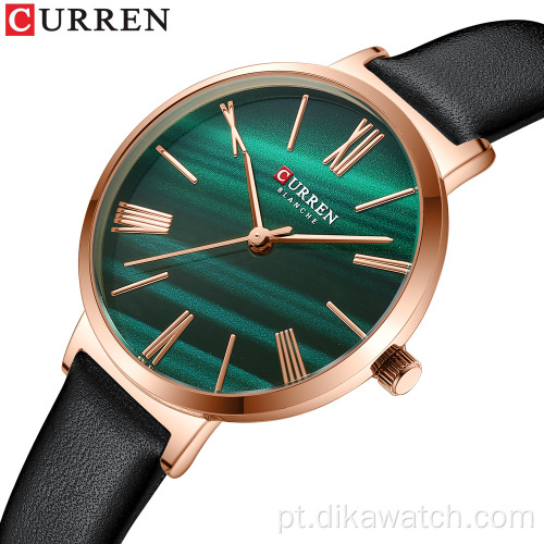 CURREN 9076 charme feminino relógios de pulso de couro pequeno mostrador verde relógio de quartzo presente de luxo para esposa vestido namorada vestido feminino relógio